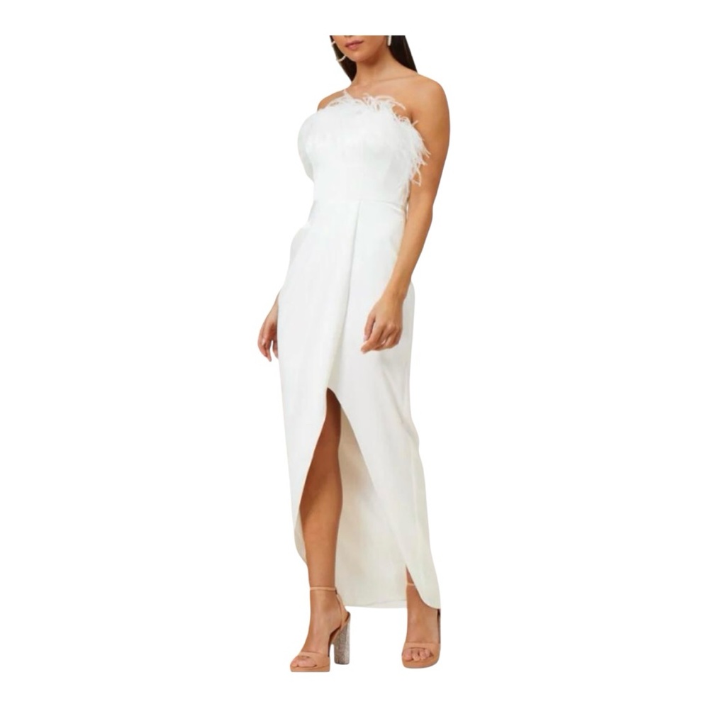 Aidan by Aidan Mattox White Strapless Dress with Feather Detail